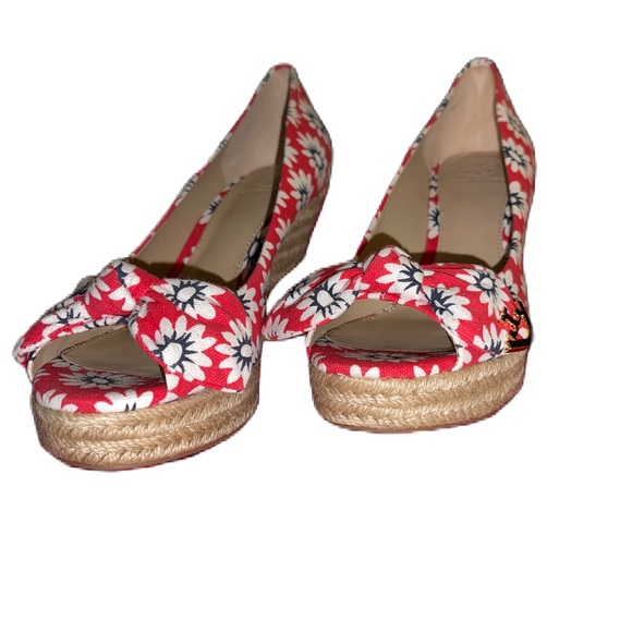 Tory Burch Dory Nantucket Red Navy Sea White Primrose Peep Toe Espadrille Wedges - Picture 7 of 15